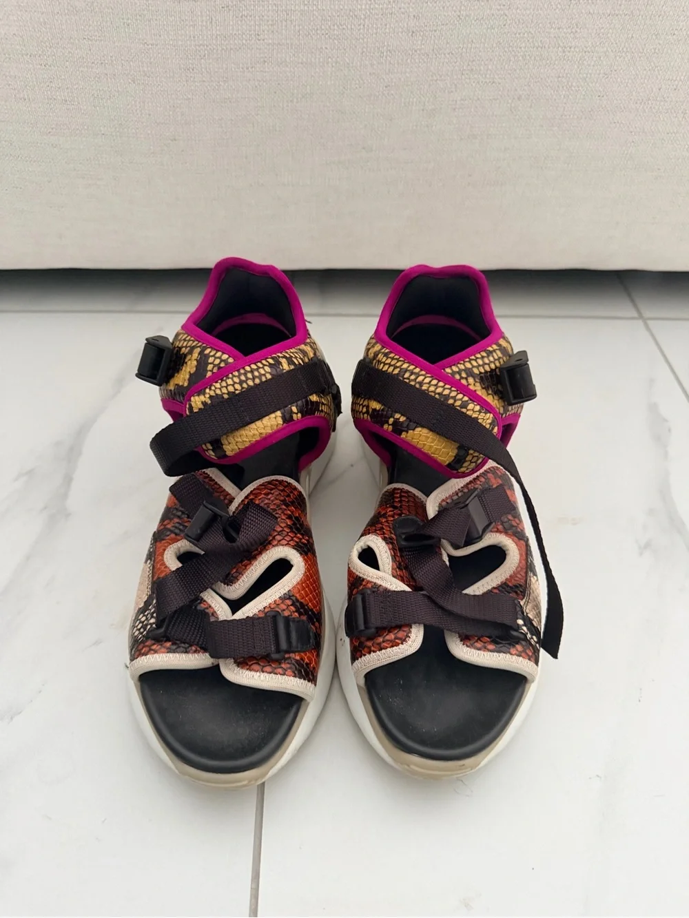 Chloe Multicolor Snake-Effect Platform Sandals with Pink Trim